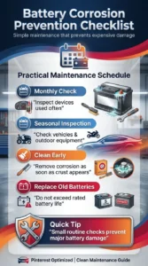 Pinterest style infographic showing a practical battery maintenance schedule to prevent battery corrosion through regular inspections, cleaning, and timely replacement