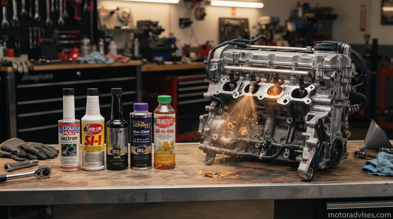 **Google Flow Image Prompt** > **Create an ultra-realistic automotive editorial scene inside a clean professional garage featuring a mechanic pouring a premium fuel injector cleaner into the fuel tank of a modern gasoline-powered sedan. The vehicle is parked with the fuel door open, while the engine bay and organized workshop tools are visible in the background, emphasizing professional vehicle maintenance. The composition should highlight preventive engine care, improved fuel system performance, and clean combustion without focusing on any specific brand. Use realistic fuel bottles with generic, unbranded packaging, authentic pouring action, natural body posture, and a spotless workshop illuminated by soft daylight and cinematic HDR lighting. Professional DSLR automotive photography, photorealistic textures, ultra-detailed vehicle surfaces, shallow depth of field, premium magazine-quality composition, 8K resolution. **Avoid** brand names, logos, readable labels, text overlays, watermarks, smoke, exaggerated engine effects, cluttered backgrounds, unrealistic CGI, or distorted hands.