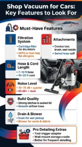 Infographic showing key features to look for in a shop vacuum for cars including filtration, attachments, hose length, noise level, and build quality
