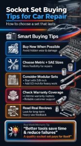 Pinterest style automotive infographic showing smart socket set buying tips including metric and SAE sizes, modular tool sets, warranties, and value recommendations for car repair