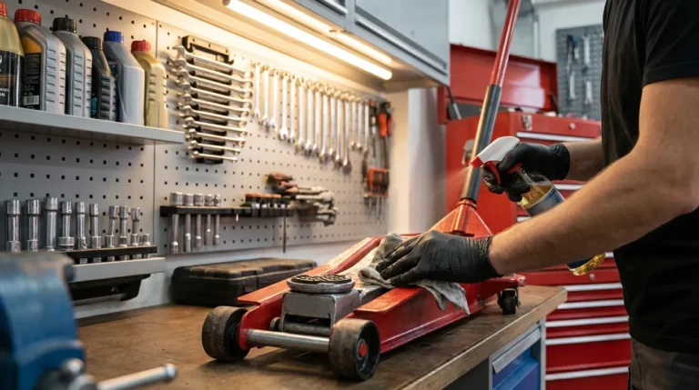 A clean hydraulic car jack being maintained in a garage, person wiping and lubricating the jack, organized workshop environment, realistic lighting, focus on jack condition and maintenance tools, high detail, 4k, automotive photography, blog feature image style