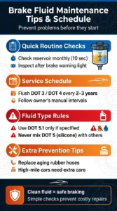 Infographic showing brake fluid maintenance tips including checking reservoir, flushing fluid every few years, and avoiding mixing different brake fluid types