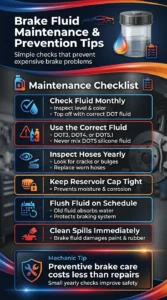 Automotive infographic explaining brake fluid maintenance tips including checking fluid levels, using the correct DOT fluid, inspecting hoses, and flushing old brake fluid