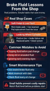 Infographic sharing real mechanic lessons about brake fluid issues including low fluid, leaks, and maintenance tips to prevent brake problems