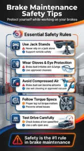 Infographic showing important brake maintenance safety tips including jack stand use, protective gear, brake dust precautions, torque specs, and safe brake testing