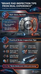 Infographic showing practical brake pad inspection tips including checking inner pads, listening for squeal noises, and using a brake pad thickness gauge