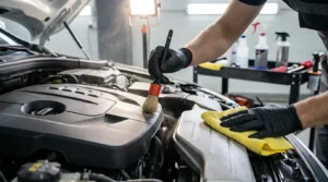 cleaning car engine bay with detailing brush and microfiber cloth