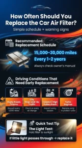 Infographic explaining how often to replace a car air filter based on mileage, driving conditions, and the sunlight inspection test