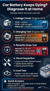 Infographic showing how to diagnose a car battery that keeps dying including voltage test, alternator check, parasitic draw test, and battery lifespan tips
