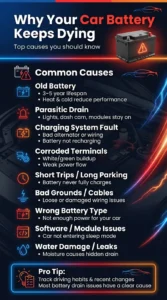 Infographic explaining common reasons why a car battery keeps dying including parasitic drain, bad alternator, corroded terminals, and short driving habits
