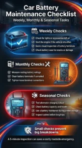 Pinterest-style automotive infographic showing a practical car battery maintenance checklist with weekly, monthly, and seasonal tasks to improve battery life and prevent breakdowns