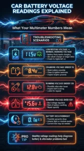 Automotive infographic explaining car battery voltage readings and troubleshooting low voltage, weak battery, alternator problems, overcharging, and parasitic drain issues