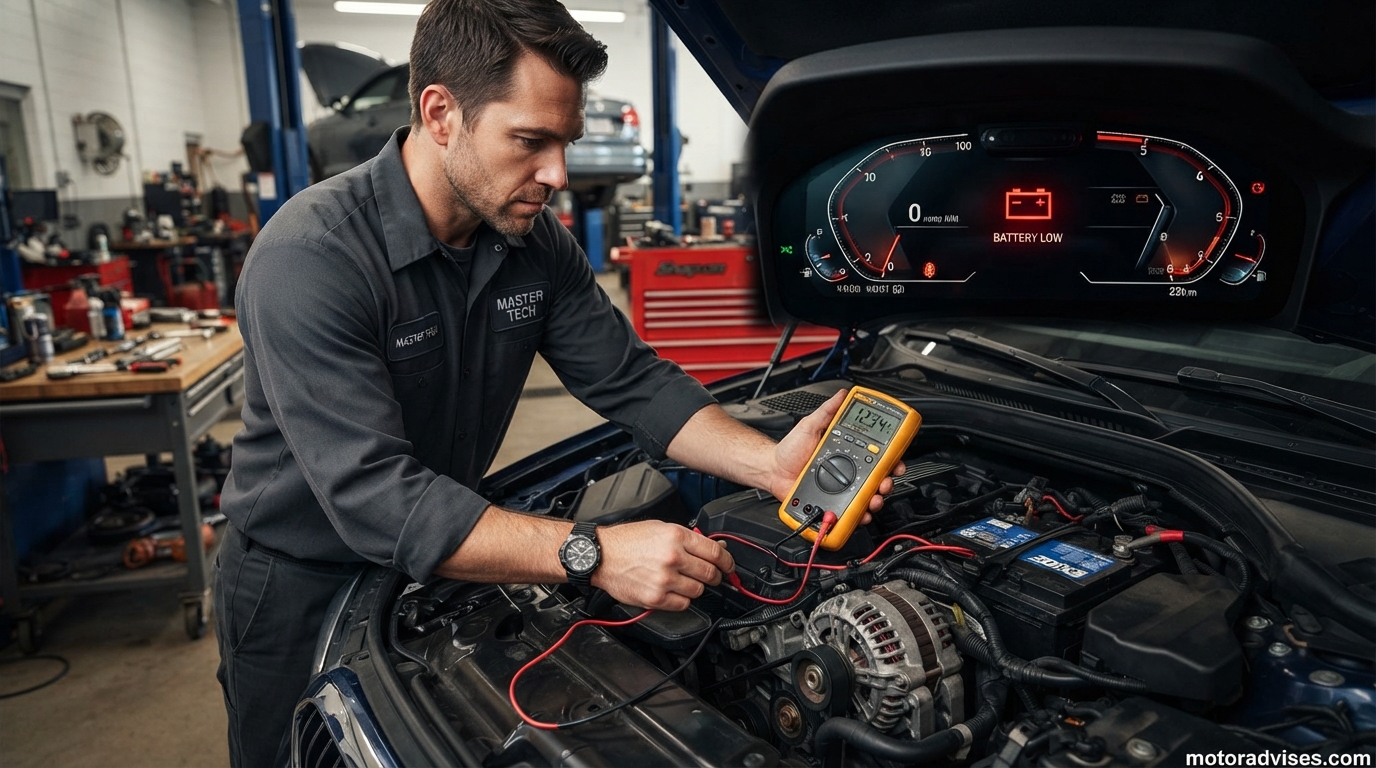 Car battery warning light on dashboard indicating charging system problem