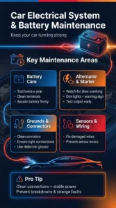Infographic showing car electrical maintenance tips including battery care, alternator testing, cleaning connectors, and repairing wiring for reliable performance