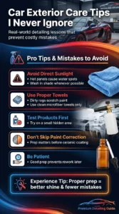 Infographic showing practical car exterior maintenance tips including washing in shade, using microfiber towels, paint correction, and ceramic coating preparation