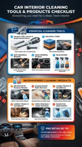 Pinterest-style infographic showing essential tools and recommended products for car interior cleaning including vacuum, microfiber cloths, detailing brushes, leather cleaner, and glass cleaner