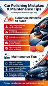 Infographic showing common car polishing mistakes and maintenance tips including proper washing, sealant use, and avoiding paint damage