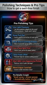 Professional car polishing infographic showing pro detailing tips like using light pressure, keeping the pad flat, cleaning pads often, and working in small sections