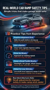 Pinterest style automotive infographic showing practical car ramp safety tips including slow approach, using a spotter, practicing alignment, and protecting low bumpers