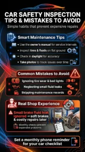 Automotive infographic showing car safety inspection tips, common maintenance mistakes, and the importance of checking brake fluid, tires, and vehicle records regularly