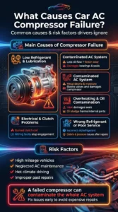 Automotive infographic explaining causes of car AC compressor failure including low refrigerant, contamination, electrical faults, overheating, and improper repairs