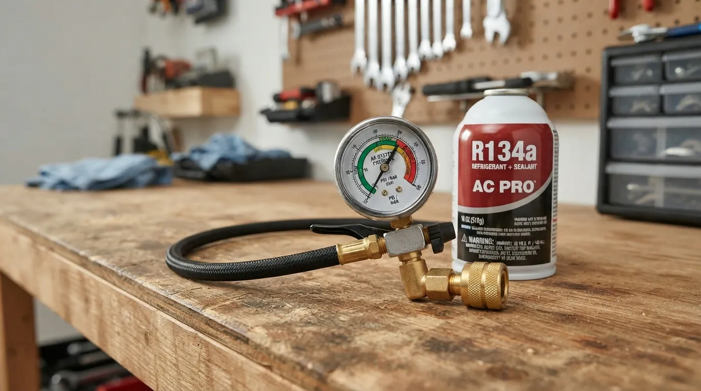 Use the core of the image prompts as your WordPress Alt Text (e.g., "Mechanic using a car AC recharge kit with a pressure gauge on a low-pressure port under the hood").