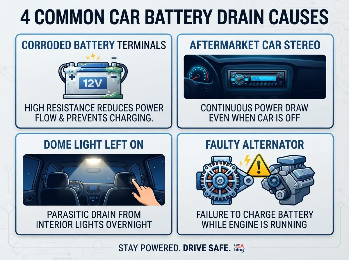 bad car battery symptoms, battery drain overnight, car battery drain causes, car battery maintenance tips, how to prevent battery drain, jump start tips, parasitic battery drain, why car battery dies overnight:Car Battery Drain Causes: How To Fix And Prevent:https://motoradvises.com/car-battery-drain-causes/