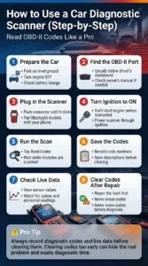 Pinterest-style infographic explaining how to use a car diagnostic scanner, including locating the OBD-II port, reading trouble codes, checking live data, and safely clearing codes after repairs.