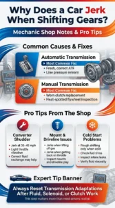Automotive infographic explaining common causes of car jerking during gear shifts, including transmission fluid issues, converter shudder, worn clutch components, and expert mechanic troubleshooting tips.