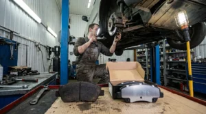 checking brake pads for wear and replacement signs