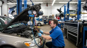 checking refrigerant levels during air conditioning maintenance