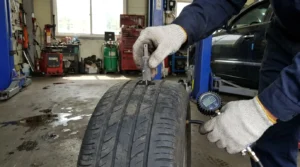 checking tire tread depth and pressure during car safety inspection