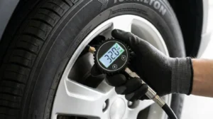 checking final tire pressure after using inflator