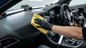 cleaning car dashboard as part of car interior maintenance