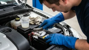 cleaning car battery corrosion with brush and gloves