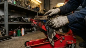 Person cleaning a hydraulic floor jack with cloth and brush, grease and dirt being removed, garage setting, realistic lighting, detailed textures, automotive maintenance scene