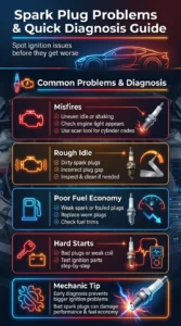 Infographic showing common spark plug problems including misfires, rough idle, poor fuel economy, and hard starting with quick diagnostic tips