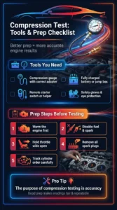 Automotive infographic showing the tools and preparation steps needed for an engine compression test including compression gauge, battery, spark plug removal, and safety gear