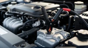 connecting red positive clamp to car battery terminal
