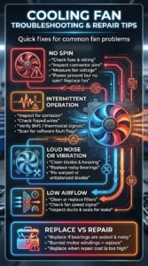 Automotive infographic showing cooling fan troubleshooting tips including no spin, intermittent operation, vibration, low airflow, and when to replace the fan