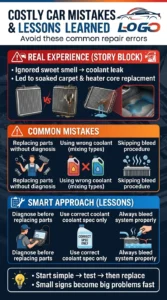 Infographic showing common car repair mistakes like wrong coolant use and skipping diagnosis along with lessons to save time and money