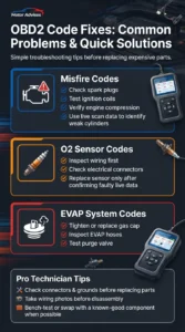 Pinterest infographic explaining common OBD2 diagnostic code fixes for misfires, oxygen sensor faults, and EVAP system problems with practical automotive troubleshooting tips.