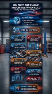 Automotive infographic showing step-by-step DIY fixes for engine rough idle when cold including spark plug inspection, throttle body cleaning, vacuum leak checks, and ECU reset
