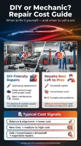 Automotive infographic comparing DIY-friendly repairs and professional mechanic jobs with common repair cost expectations for tires, axles, and transmission work