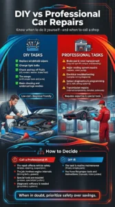 Automotive infographic comparing DIY car maintenance tasks with professional repair services, showing when drivers should handle repairs themselves and when to visit a repair shop