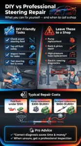 Automotive infographic comparing DIY steering maintenance tasks with professional repair services including power steering pump, rack replacement, and repair costs