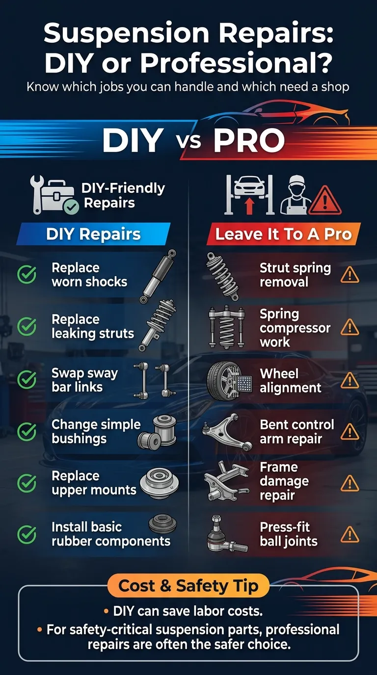 Automotive infographic comparing DIY suspension repairs such as shock and sway bar replacement versus professional jobs like spring removal, alignment, and ball joint replacement