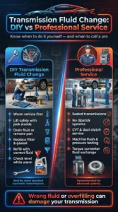Infographic comparing DIY transmission fluid change with professional transmission service including sealed transmissions, CVTs, and fluid replacement steps