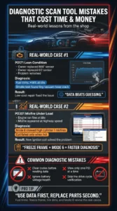 Automotive infographic showing real-world diagnostic scan tool examples, fuel trim analysis, Mode 6 misfire detection, and common mistakes mechanics avoid during vehicle diagnostics