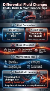 Automotive infographic explaining differential fluid change costs, risks of neglect, and maintenance tips to prevent gear wear, overheating, and expensive repairs